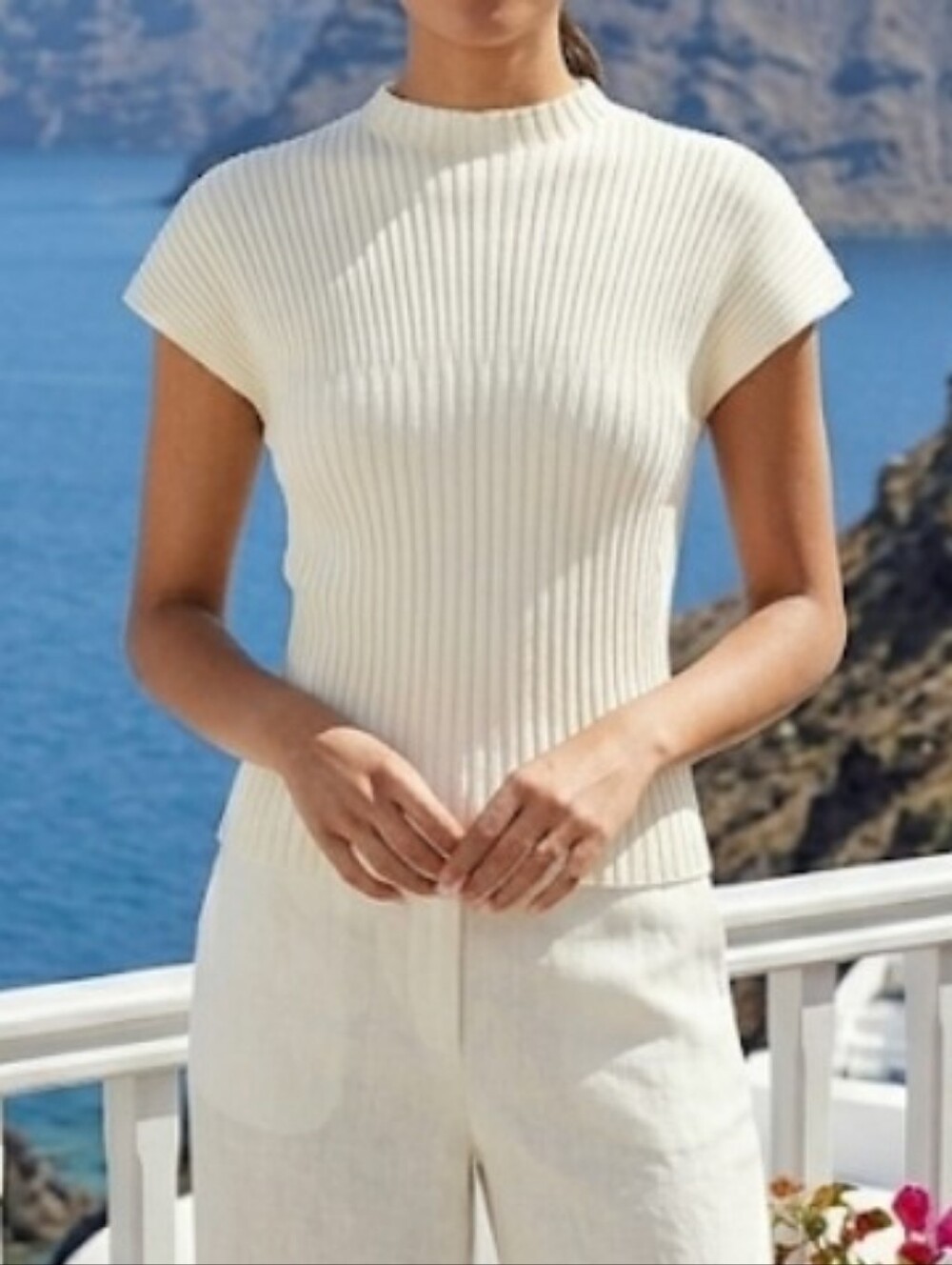 H&M Cream Ribbed Cap Sleeve Knit Top